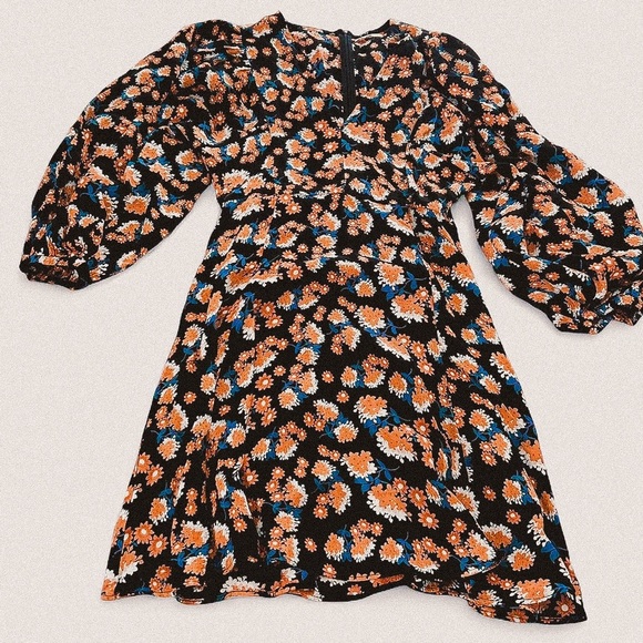byTiMo Poppyfield Black Orange Micro Floral Mini Puff Sleeve V neck Dress small - Picture 1 of 7